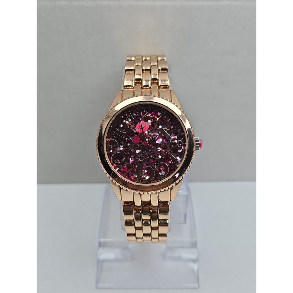 Womens Luv Betsey Johnson Pink Glitter Confetti Rose Gold 36mm Watch New Battery